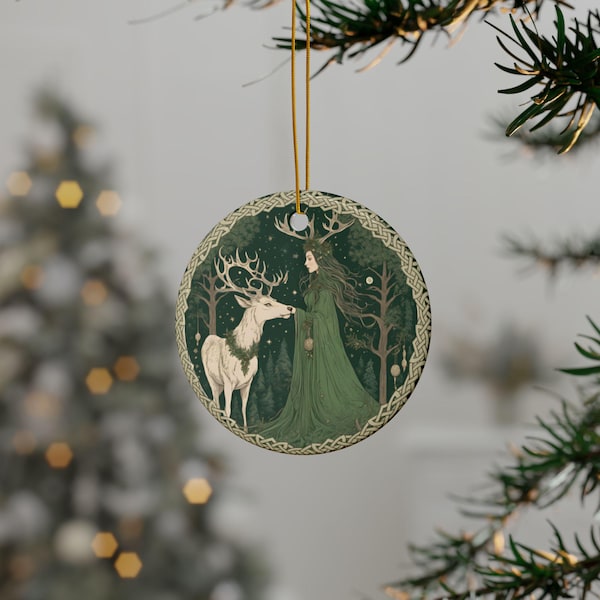Ornamento in ceramica verde a forma di strega celtica pagana di Yule, incantevole etichetta regalo per gli amanti della natura, regalo di Natale, ricordo unico, magico