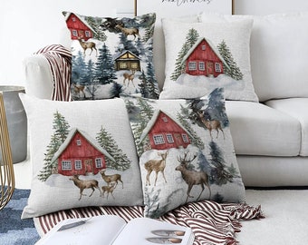 Winter Themed Deer and Red Chalet Patterned Modern Chenille Pillow Set, Winter Cushion Cases, Pillow Covers 18x18, Winter Themed Deer Pillow