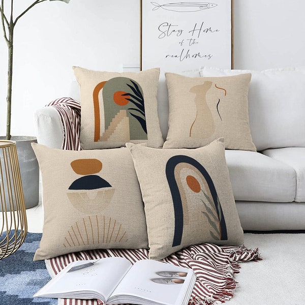 Abstract Art Designed Beige Color Pillow Cover Set, Boho Themed Pillow Case, Abstract Cushion Cover, Geometric Patterns Cushion Cases