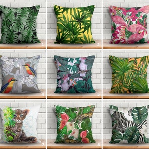 Tropical Leaves Pillow Cover, Flamingo Cushion Case, Tropical Animal Throw Pillow, Leopard and Zebra Decor, Bird Print Cushion Cover