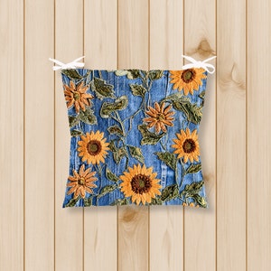 Sun Flower Patterned Outdoor Chair Cushions With Ties, Fluffy Chair Cushions, Floral Puffy Cushion, Flowered Chair Pads, Kitchen chairs pad image 2