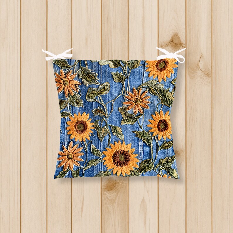 Sun Flower Patterned Outdoor Chair Cushions With Ties, Fluffy Chair Cushions, Floral Puffy Cushion, Flowered Chair Pads, Kitchen chairs pad image 2