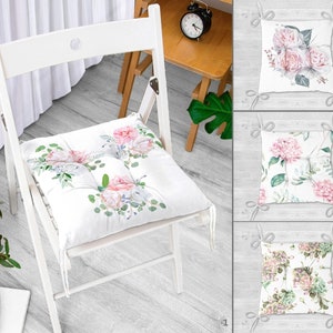 Floral Chair Cushion and Runner Set, Flower Runner and Chair Pads, Floral Chair Pads and Table Runner, Square Chair Cushion image 1