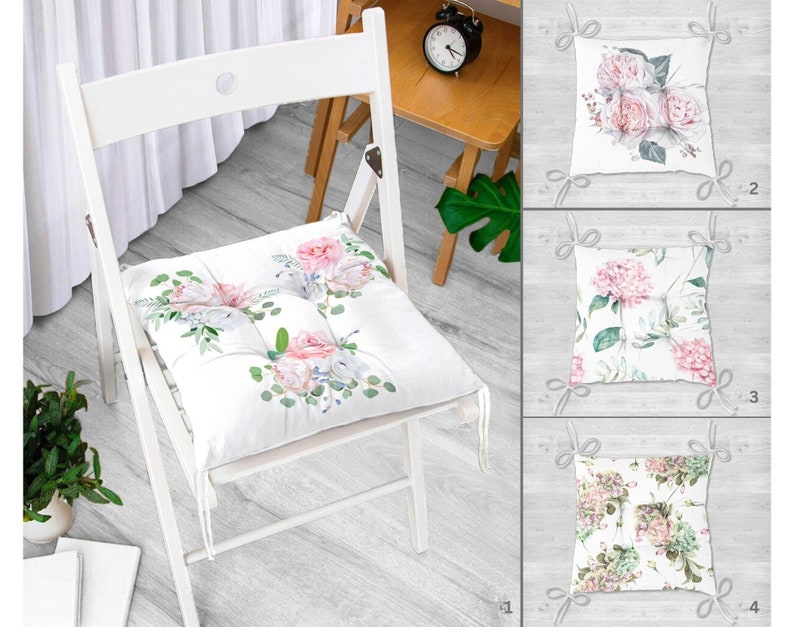 Floral Chair Cushion and Runner Set, Flower Runner and Chair Pads, Floral Chair Pads and Table Runner, Square Chair Cushion image 1