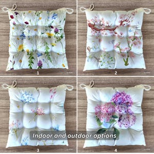 Floral Seat Pad, Fluffy Chair Cushion with Ties, Indoor Outdoor Poufy Pillow, Garden or Kitchen Chair Seat Pad