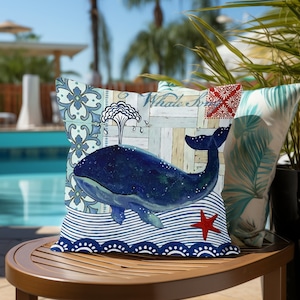Whale Pillow Case, Ocean Life Cushion, Coastal Outdoor Accent, Water-Resistant Cover, Vivid Marine Pillow