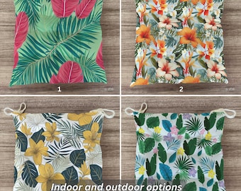 Flowers and Leaves Themed Chair Cushion, Botanical Design Decorative Seat Pad, Outdoor and Indoor Chair Pads, Chair Cushions With Ties