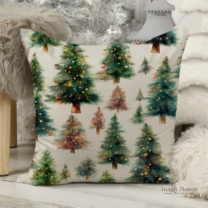 Watercolor Christmas Pine Tree Themed Pillow Cover, Cushion Case Artistic Pine Tree Delights, Festive Pillowcase Noel Watercolor Pine Tree image 4