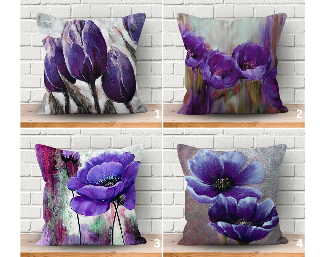 Purple Flower Pillow Case, Watercolor Flower Patterned Pillow Cover, Floral Cushion Cover