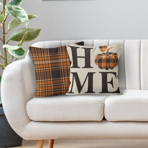 Fall Plaid Pillow Cover, Autumn Plaid Throw Pillow, Pumpkin Decor Pillow, Rustic Fall Accent Cushion