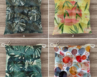 Abstract Leaf Patterned Chair Cushions, Tropical Leaves Themed Chair Pads, Spring Square Chair Cushion, Outdoor and Indoor Summer Seat Pads