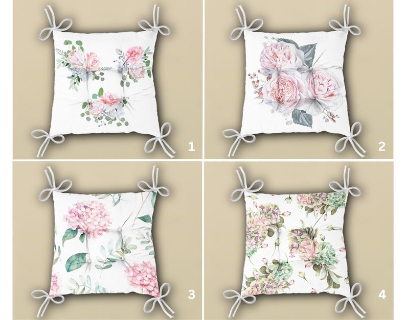 Floral Chair Cushion and Runner Set, Flower Runner and Chair Pads, Floral Chair Pads and Table Runner, Square Chair Cushion Set of 4