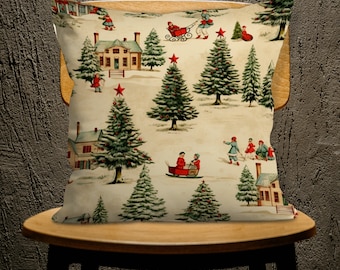Vintage Theme Christmas Pine Tree Pillow Cover, Holiday Cushion Case, Pine Tree Pillow Sham, Festive Seasonal Accent Vintage Pillow Cover