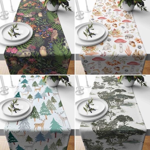 Woodland Animals Table Runner, Forest Animal Dining Decor, Cute Wildlife Dining Accessory, Rustic Forest Animal Table Cover