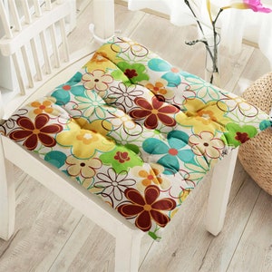 Floral Outdoor Chair Cushion, Puffy Flowered Seat Pad with Ties, Fluffy Garden or Kitchen Chair Pillow, Indoor Outdoor Cushion