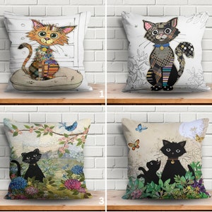 Cute Cat Pillow Cover, Black Cat Cushion Case, Animal Lover Throw Cover, Gift for Cat Mom, Decorative Kitty Pillow