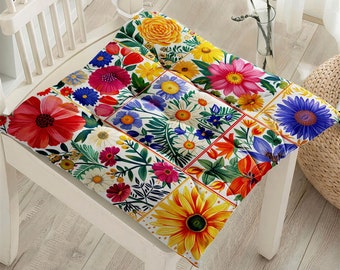 Coussins de chaise moelleux colorés, Coussins de chaise d'extérieur fleurs colorées avec liens, Coussin bouffant floral, Coussinets de chaise fleuris, Chaises de cuisine