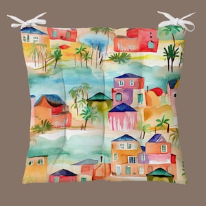 Village Designed Outdoor Chair Cushions, Spring Themed Chair Cushions With Ties, Tree Themed Outdoor Stool Cushions, Leaf Decor Chair Pads 1
