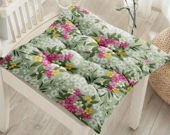 Outdoor Chair Cushions With Ties Green Tone, Green Fluffy Chair Cushions, Floral Puffy Cushion, Flowered Chair Pads, Kitchen chairs pad