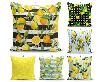 Lemon Pillow Covers, Floral Summer Pillow, Lemon Kitchen Decor, Outdoor Lemon Pillows, Geometric Outdoor Cushion Covers, Housewarming Gift
