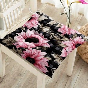 Pink Flower Patterned Outdoor Chair Cushions With Ties, Fluffy Chair Cushions, Floral Puffy Cushion, Flowered Chair Pads, Kitchen chairs pad