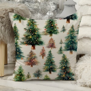 Watercolor Christmas Pine Tree Themed Pillow Cover, Cushion Case Artistic Pine Tree Delights, Festive Pillowcase Noel Watercolor Pine Tree 4