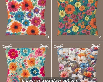 Outdoor Chair Cushions With Ties, Fluffy Chair Cushions, Floral Puffy Cushion, Flowered Chair Pads, Indoor Seat Pad, Kitchen Stool Pads