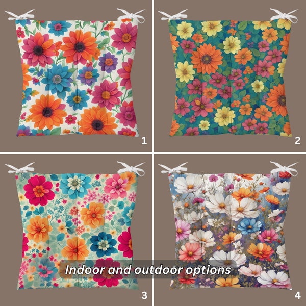 Outdoor Chair Cushions With Ties, Fluffy Chair Cushions, Floral Puffy Cushion, Flowered Chair Pads, Indoor Seat Pad, Kitchen Stool Pads