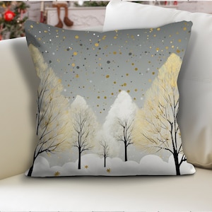Fodera per cuscino natalizia a tema albero di pino dai colori tenui, federa per cuscino dal design invernale in toni di grigio nero, elegante fodera per cuscino natalizia