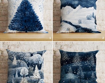 Winter and Trees Theme Blue Tones Pillow Cover, Icy Tones Cushion Snowy Trees Design, Chilly Blues Decor Seasonal Home Accents Cushion Case