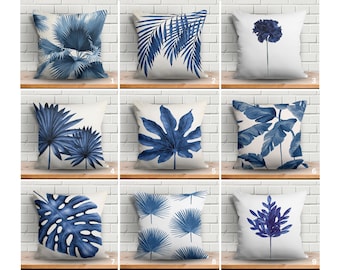 Blue Leaves Pillow Cover, Leaf Designed Cushion Covers, White Cushion Case, Velvet Pillow Case, Zipper Pillow Covers, Blue Cushion Case