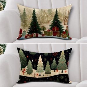 Vintage Christmas Pillow Cover, Pine Tree Snow Scene (Rectangle 12x20")