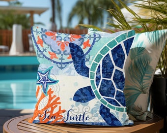 Outdoor Marine Theme Pillow Cover, Waterproof Nautical Cushion Case, Poolside Pillow Cover, Coastal Cushion Cover, Marine Themed Decor.