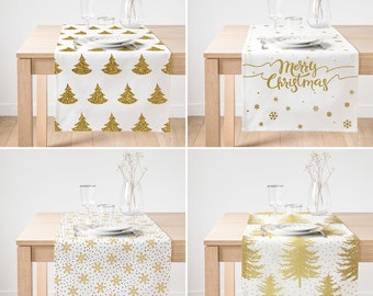 Golden Pine Tree Snowflakes Christmas Table Runner, Merry Christmas Elegance in Gold Color Table Setting, Festive Charm Golden Table Accent