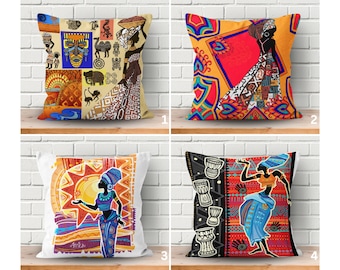 African Women Pillow Cover, Afro Abstract Boho Pillowcase, Unique Ethnic Cushion Cover, Tribal Art Pillow, Afrocentric Home Decor