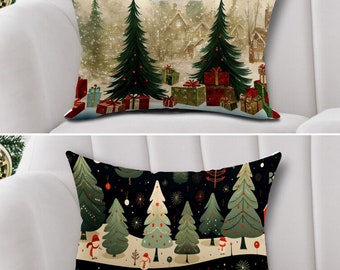 Vintage Christmas Pine Tree Pillow Cover, Rectangle Cushion Case, Vintage Design Pillow Sham, Christmas Pine Tree Festive Pillow Cover