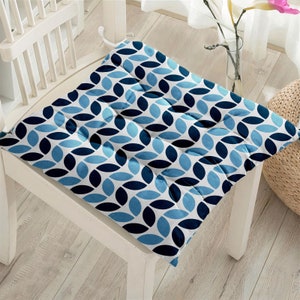 Blue White Chair Cushion with Ties, Mid Century Modern Seat Pad, Indoor Outdoor Chair Pad, Stylish Comfortable Cushion
