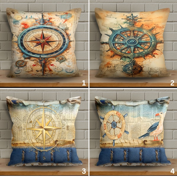 Vintage Compass Rose Pillow Cover with Soft Fabric, Nautical Navigation Cushion Cover, Vivid Color Cushion Case, Adventure Lover's Pillow