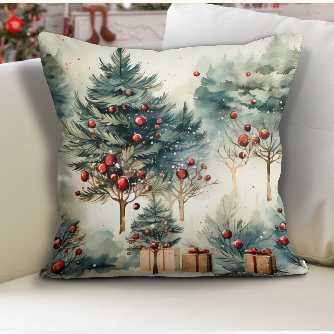 Vintage Christmas Theme Pillow Cover, Colorful Pine Tree Cushion Case