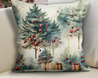 Vintage Christmas Theme Pillow Cover, Colorful Pine Tree Cushion Case, Winter Vintage Design Pillow Sham, Festive Floral Pillow Case