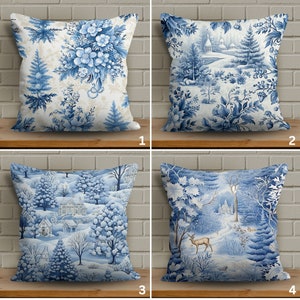 Artistic Winter Themed Christmas Pillow Cover, Blue Hues Seasonal Sofa Accent, Snowy Trees Xmas Cushion Case, Festive Decorative Pillowcase