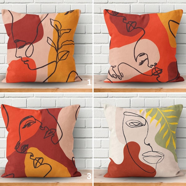 One-Line Face Draw Pillow Case, Contemporary Line Art Cushion, Decorative Boho Face Sketch Pillowcase, Trendy Minimalist One-Line Pillow
