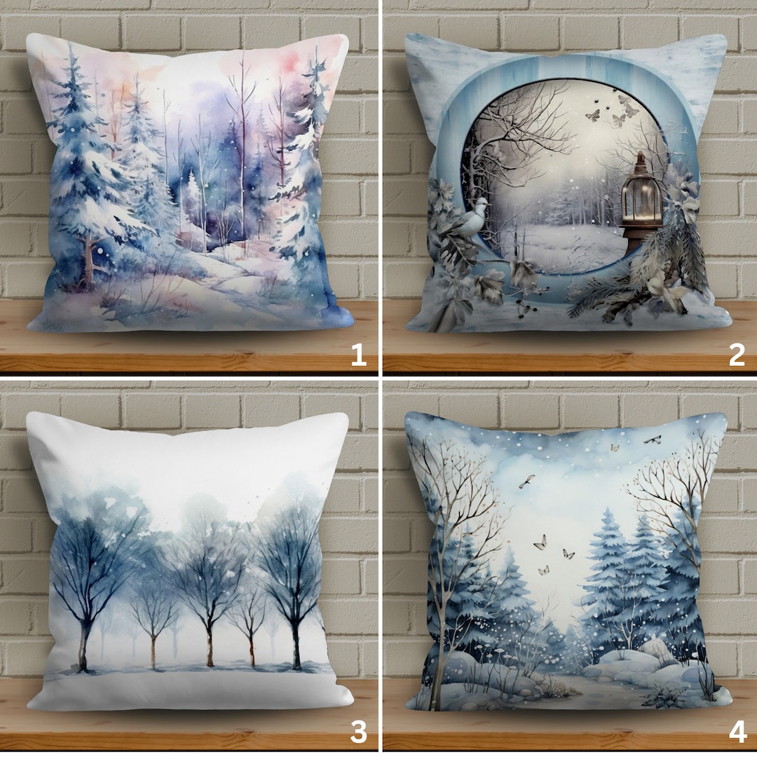 New Blue White Hues Winter Scene Pillow Cover, Chic Snowy Landscape