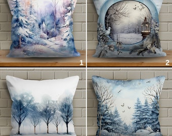 New Blue White Hues Winter Scene Pillow Cover, Chic Snowy Landscape Cushion Case, Festive Snowfall Cushion Cover, Cozy Xmas Decor Pillowcase