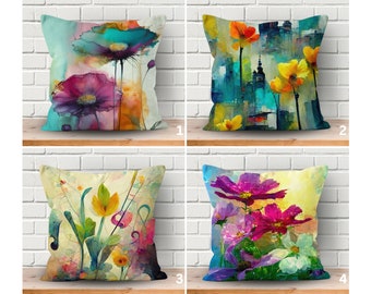 Watercolor Flower Design Pillowcase, Abstract Flower Pattern Pillows, Boho Art Cushion Cover, Vibrant Color Pillow Covers, Velvet Pillows