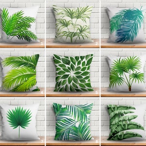 Green Leaves Pillow Cover, Tropical Cushion Case, Cozy Throw Pillow for Sofa or Bed, Decorative Botanical Home Accent