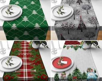 Floral and Pine Tree Plaid Design Table Runner, Festive Table Decor Rustic Christmas Charm, Tablecloth Floral Pine Trees and Plaid Designed