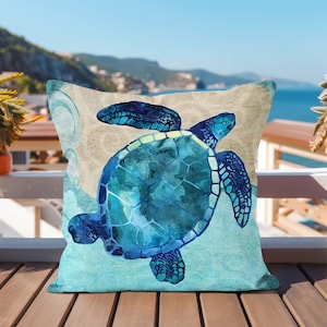 Watercolor Sea Turtle Outdoor Pillow Cover, Sea Turtle Print Waterproof Pillowcase, Vivid Color Cushion Case, Beach Houe Accent, Home Decor