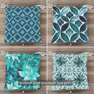 Teal Chair Cushion, Artistic Seat Pad, Floral Indoor Outdoor Cushion, Puffy Garden Chair Pillow, Cushion with Ties
