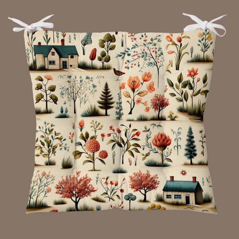 Village Designed Outdoor Chair Cushions, Spring Themed Chair Cushions With Ties, Tree Themed Outdoor Stool Cushions, Leaf Decor Chair Pads 4